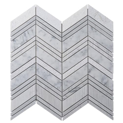 White and Gray Textured Chevron Bianco Carrara Marble Mosaic Tile (6.09 Sq ft- Box of 5 Sheets) - color: White and Gray, size: 13 x 13.5 in (Pack of 5)
