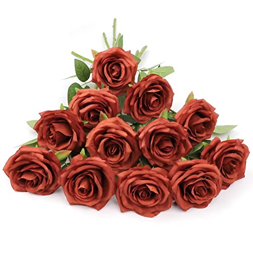 LVEFIT Artificial Rose Flowers Burnt Orange Rose Flowers Silk Flowers 12 pcs with Long Stem Silk Roses Bouquet for Wedding Bridal Shower Party Home Decoration - color: Burnt Orange, size: 12pcs