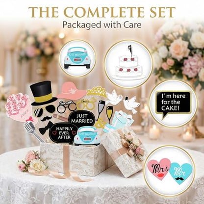Kotbs 52pcs Wedding Photo Booth Props, Bachelorette Party Photo Booth Prop Kit for Bridal Shower, Engagement and Valentines Party, Photobooth Props Wedding Party Supplies