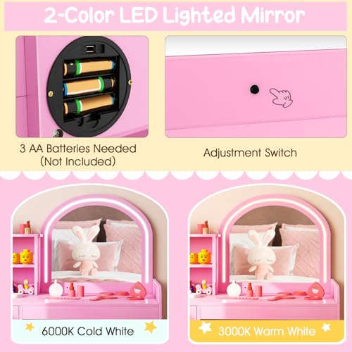 Costzon Kids Vanity with Lights, 2 in 1 Princess Makeup Desk & Chair Set with Lighted Mirror, Drawer, Storage Shelves & Cabinet, Toddler Dressing Table, Vanity Set for Little Girls (Pink) - style: Pink with Cabinet