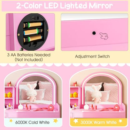 Costzon Kids Vanity with Lights, 2 in 1 Princess Makeup Desk & Chair Set with Lighted Mirror, Drawer, Storage Shelves & Cabinet, Toddler Dressing Table, Vanity Set for Little Girls (Pink) - style: Pink with Cabinet