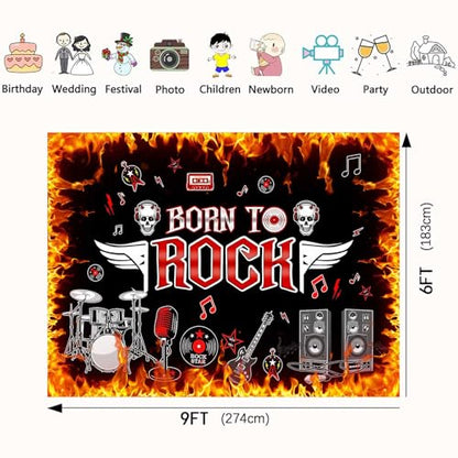Born to Rock Backdrop, 9x6ft, 1950's Rock and Roll Flame Photography Background Rock Star Rock Music Theme Party Supplies Birthday Party Decor Banner Photo Booth Props BJOKPR0284 - size: 9x6
