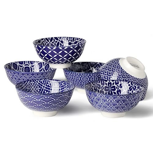 Metahom Blue and White Bowls, Ceramic Dessert Bowls 10 Oz, Porcelain Bowl Set for Ice Cream, Decorative Bowls for Snack Soup Condiments, Side Dishes, Set of 6 - color: Blue White, size: 4.75 inch