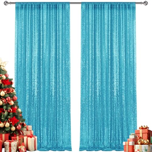 2×8FT-2PCS Turquoise Sequin Backdrop Curtains Panels, Photography Backdrop Glitter Curtains Fabric Background for Christmas Wedding Party Decor - color: Turquoise, size: 2X8FT-2PCS