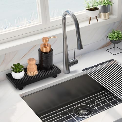 Bathroom Tray Farmhouse Decor Pedestal Stand Wood Riser Display Kitchen Accessories Soap Holder for Sink, Counter, Vanity,10 * 4.5 Black - color: Black, size: 10" x 4.5" x 1.6"