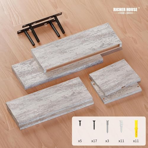 RICHER HOUSE Floating Shelves Set of 3, Farmhouse Bathroom Wall Mounted Shelves with Invisible Brackets Over Toilet, Wall Shelves for Bathroom Bedroom, Living Room, Kitchen - Rustic White - color: Rustic White, size: 2+1