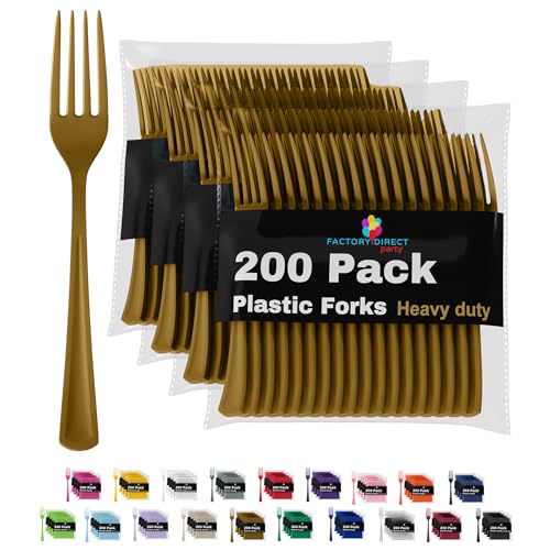 Party Solids Gold Plastic Forks 200 Pieces Gold Forks Disposable Utensils Heavy Duty Plastic Cutlery Set Disposable Cutlery Sets Flatware Sets Silverware Set Party Supplies & Party Tableware - color: Gold