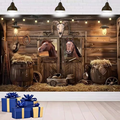 18X10ft Western Party Backdrop Rustic Wooden Cowboy Backdrop, Wild West Wooden House Farm Photography Background Western Theme Cowboy Birthday Party Decor Banner Photo Studio Props - size: 18x10ft