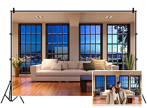 AOFOTO 6x4ft Business Office Window View Backdrop French Sash Modern Living Room Interior Sofa Casement Photography Background Work at Home Nightscape Wooden Floor Furniture Video Studio Props Vinyl - size: 6x4ft