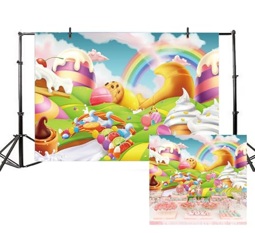 AOFOTO 7x5ft Candyland Backdrop Fantasy Giant Lollipop Candy Land Candy Themed Party Decorations Banner Cartoon Rainbow Ice Cream Dessert Shop Decor Background Kids Baby Birthday Photoshoot Props - size: 7x5ft