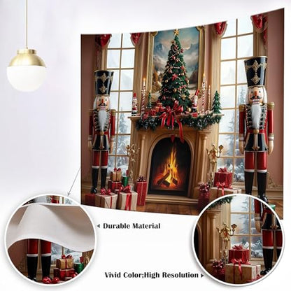Mocsicka Merry Christmas Backdrop Nutcracker Soldier Christmas Fireplace Party Decorations Banner Xmas Tree Backrgound for Photography Photo Booth Props (Red, 7x5ft(82"x60")) - size: 7x5ft(82"x60")