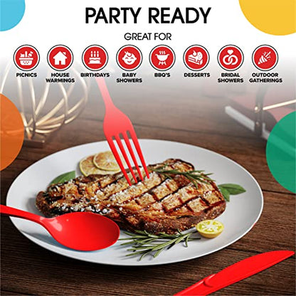 Party Solids Red Plastic Forks 200 Pieces Red Forks Disposable Utensils Heavy Duty Plastic Cutlery Set Disposable Cutlery Sets Flatware Sets Silverware Set Party Supplies & Party Tableware - color: Red
