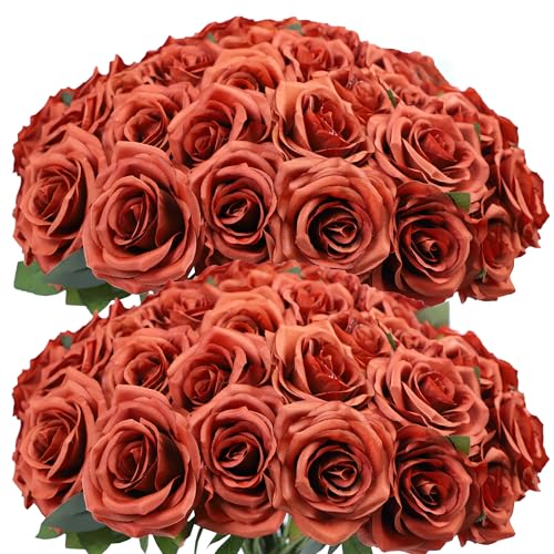 LVEFIT Artificial Rose Flowers Burnt Orange Rose Flowers Silk Flowers 50 pcs with Long Stem Silk Roses Bouquet for Wedding Bridal Shower Party Home Decoration - color: Burnt Orange, size: 50pcs
