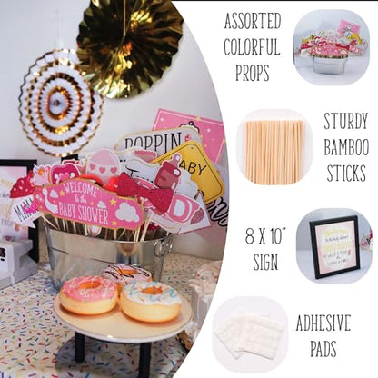 Girl Baby Shower Photo Booth Props - 41-pc Photobooth Kit with 8 x 10-Inch Sign, 60 Adhesive Pads, 45 Sticks - Baby Photo Booth Props Girl - Photo Props for Baby Shower
