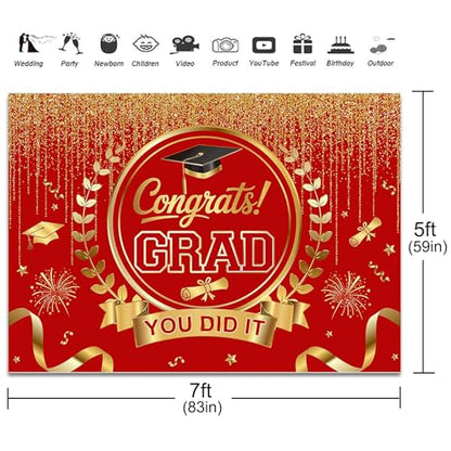 Graduation Backdrop Congrats Grad You Did It Party Decorations Background Congratulations Graduate Class of 2026 Banner Photo Booth Props (Red and Gold, 7x5ft) - color: Red and Gold
