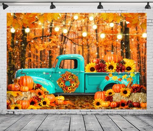 10x8 FT Fall Forest Blue Truck Backdrop Autumn Forest Pumpkin Maple Leaf Sunflower Harvest Theme Photography Background Thanksgiving Party Decorations Banner Portrait Photo Studio Props, Clear - size: 10x8 FT