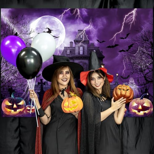 Avezano Halloween Backdrop for Photography Horror Moon Night Ghost Scary Jack O'Lantern Background Grave Scary Sppooky Skull Iron Gate Witch Halloween Party Decor Photo Stuido Props (Purple, 7x5ft) - color: Purple, size: 7x5ft