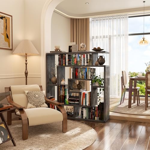 Armocity 6 Tier Display Book Shelf Wall Mounted Bookshelf Freestanding Geometric Bookcase Floating Book Shelves for Wall Bedroom Living Room Home Office, 45.5"(W) * 47"(H), Grey Oak - color: Grey Oak