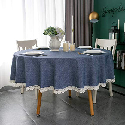 EHouseHome Faux Linen Tablecloth with Lace Trim - Waterproof/Spill Proof/Stain Resistant/Wrinkle Free/Oil Proof - for Banquet, Parties, Dinner,Wedding,Holiday,Denim Blue Round 60Inch - color: Denim Blue, size: 60" (Round)