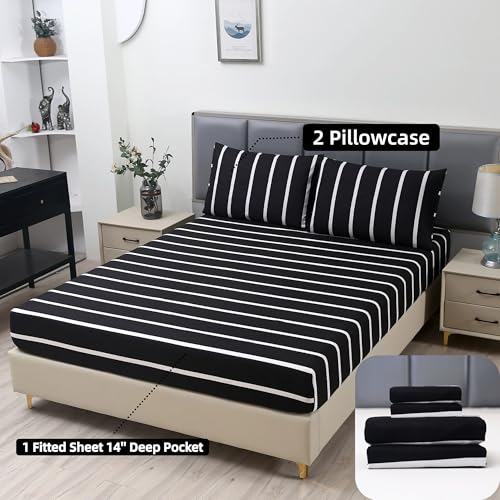 MAG 3pcs Striped Twin Bed Sheet,Black and White Pattern Microfiber Bedding Sheet Set,Hotel Quality Sheets with1 Fitted Sheet and 2 Pillowcases,14 Inches Deep (Black and White, Twin) - color: Striped, size: Twin