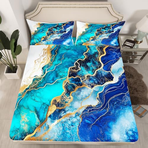 Marble Print Fitted Sheet Full Size,Abstract Stone Texture Marbling Bedding Set,Boys Girls Adults Room Decor,Geometric Stripes Modern Artwork Blue Golden Bed Cover,2 Pillowcases（No Flat Sheet） - color: Blue Green Golden, size: FULL (W54*L75*H16")