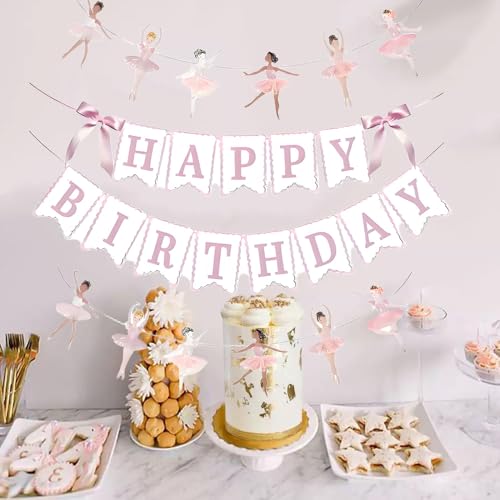 JENSENLIN Ballet Birthday Party Decorations Set,Pink Happy Birthday Banner with Ballerina Garland, Aesthetic Beauty Dance Theme Photo Props, 4 Pieces.