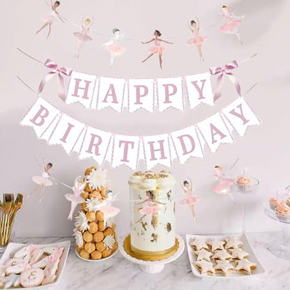JENSENLIN Ballet Birthday Party Decorations Set,Pink Happy Birthday Banner with Ballerina Garland, Aesthetic Beauty Dance Theme Photo Props, 4 Pieces.