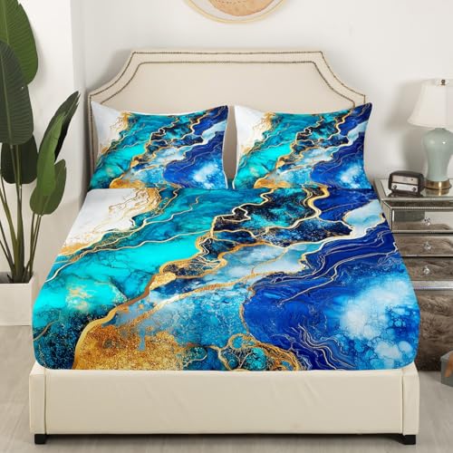 Marble Print Fitted Sheet Twin Size,Abstract Stone Texture Marbling Bedding Set,Boys Girls Adults Room Decor,Geometric Stripes Modern Artwork Blue Golden Bed Cover,1 Pillowcase（No Flat Sheet） - color: Blue Green Golden, size: TWIN (W39*L75*H16")