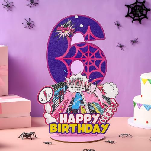 Baderke Pink Spider Theme Birthday Number Sign 16.7'' Purple Spider Birthday Centerpiece for Party Decor Wooden Table Photo Prop(6th) - style: 6th