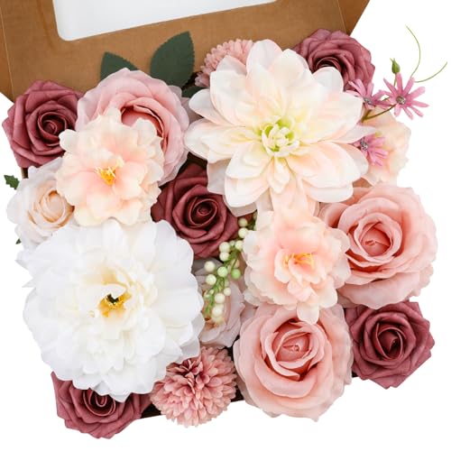 Floweroyal Artificial Flowers Combo Pink Flowers Mix Silk Flowers Dahlia Roses with Stems for DIY Wedding Bridal Bouquets, Baby Shower, Floral Arrangement, Table Centerpieces, Home Decorations - color: Blush Pink & Light Champagne