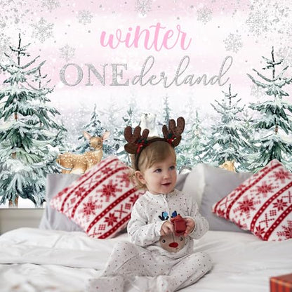 Mocsicka Winter Onederland Backdrop Pink Snowflake Girls First Birthday Photography Background Winter Woodland Animals Happy 1st Birthday Party Banner Decorations Photo Booth Props (8x6ft) - size: 8x6ft