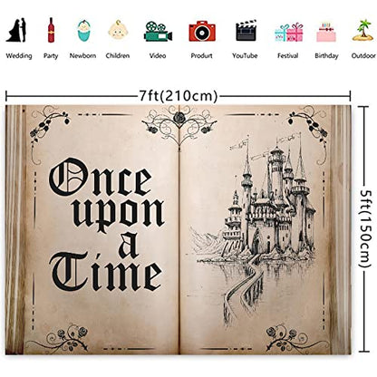 Fairy Tale Books Backdrop Once Upon a Time Backdrops Ancient Castle Princess Romantic Wedding Birthday Party Decorations Magic Book Background Banner Props 7x5FT - size: 7x5 FT