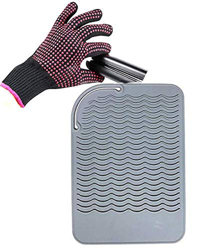 Heat Resistant Glove with Silicone Bump Mat for Curling Iron, Hair Straightener, Flat Irons - 9 x 6.5 Food Grade Mat, Grey - color: Grey G