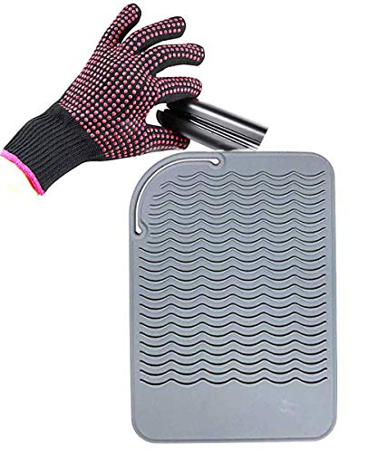 Heat Resistant Glove with Silicone Bump Mat for Curling Iron, Hair Straightener, Flat Irons - 9 x 6.5 Food Grade Mat, Grey - color: Grey G