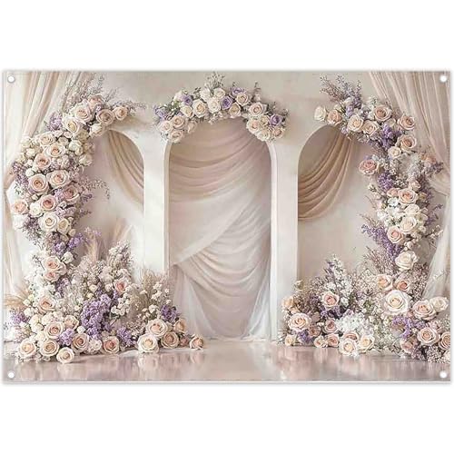7x5ft 2D Wedding Arch Backdrop Rose Lavender Soft Champagne Drape Romantic Photography Background Mother's Day Bridal Shower Party Decorations Photo Booth Banner