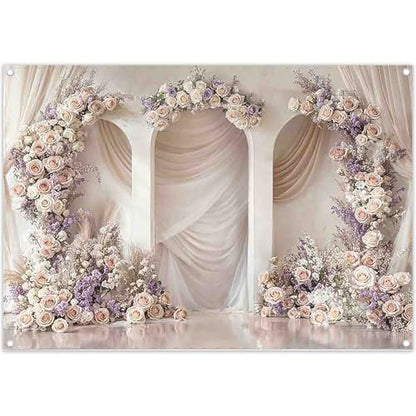 7x5ft 2D Wedding Arch Backdrop Rose Lavender Soft Champagne Drape Romantic Photography Background Mother's Day Bridal Shower Party Decorations Photo Booth Banner