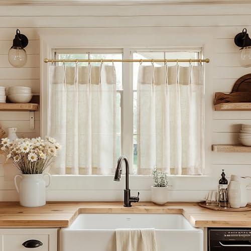 jinchan Linen Pinch Pleated Kitchen Curtains 24 Inch 2 Panels Natural Linen Tier Curtains Back Tab Beige Farmhouse Cafe Light Filtering Small Window Drapes for Bathroom Laundry Room Beige - color: Pinch Pleated Beige, size: 26"W x 24"L (Pack of 2)