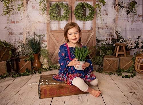 Kate Rustic White Painted Brick Wall Wood Door Photography Backdrops 10x6.5ft Spring Green Grass and Flowers Photo Backgrounds Baby Shower Backdrop Photoshoot Props - size: 10x6.5ft