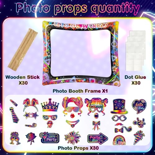 Glow Neon Inflatable Photo Frame & Props, 30Pcs Neon Photo Booth Props with Let's Glow Crazy Inflatable Selfie Picture Frame for Neons Disco Black Light Party Supplies - color: Let's Glow