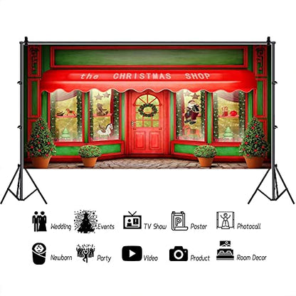 AOFOTO 15x8ft Red Christmas Shop Backdrop Front Door of Xmas Display Window Santa's Toy Store Photography Background Holiday New Year Party Banner Kids Baby Child Adult Portrait Photo Studio Props - size: 15x8ft