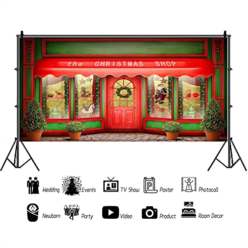AOFOTO 20x10ft Red Christmas Shop Backdrop Front Door of Xmas Display Window Santa's Toy Store Photography Background Holiday New Year Party Banner Kids Baby Child Adult Portrait Photo Studio Props - size: 20x10ft