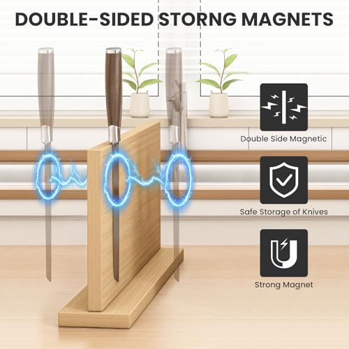 THMINS Extra Large Magnetic Knife Holder, 16 x 9 Inches Double-Sided Magnetic Knife Block Universal Multi-function Display Rack for Kitchen Counter - size: 16x9 Inch Wood