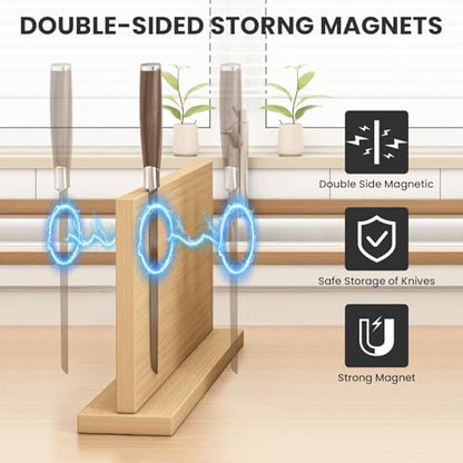 THMINS Extra Large Magnetic Knife Holder, 16 x 9 Inches Double-Sided Magnetic Knife Block Universal Multi-function Display Rack for Kitchen Counter - size: 16x9 Inch Wood