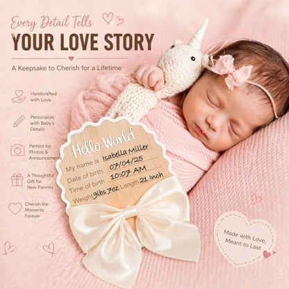 Wonhibo Newborn Announcement Sign - Baby Hospital Photo Prop Wooden Board Card with White Bow Hello World - color: White Bow