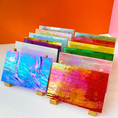 12 Sheets High Shine Iridescent Stained Glass Sheet Variety Pack, 4 x 6-inch Iridized Art Glass Mosaic Tiles for Crafts, Stained Glass Supplies for Glass Projects and Mosaic Work - color: Iridescent Mixed