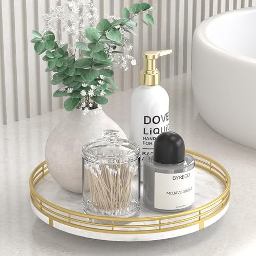 White Marble Lazy Susan Turntable for Table Top – 10” Round Marble Tray Organizer for Bathrroom, Vanity, Dining Table, Kitchen Countertop & Bar, Luxury Stone Serving Tray with Gold Frame - color: White & Gold, size: 10 inches