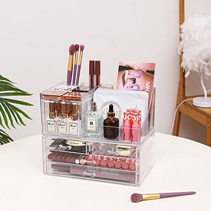 Cq acrylic 2 Pack Clear Make up Organizer Countertop,Stackable 5 Drawers Makeup Storage,Cute Vanity Organizers for dresser Hair Clip,Jewelry,Beauty Product Desk and Bathroom Organizers and Storage - size: 5 Drawers
