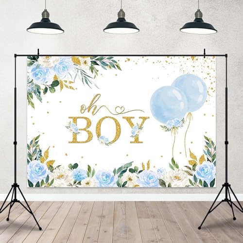 Oh Boy Baby Shower Backdrop - Watercolor Blue Floral Botanical Eucalyptus Blue Balloon Party Decorations Banner & Photo Booth Props (10x7ft) - size: 10x7ft