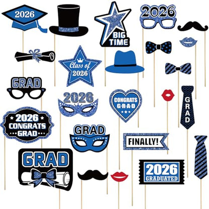 Blulu 24 Pieces 2026 Graduation Party Photo Booth Props Kit, Funny Graduation Party Selfie Props, Selfie Photo Frame for High School and College Grad Favors Supplies(Blue) - color: Blue