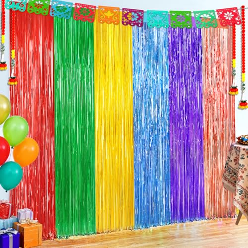 Mexican Style Rainbow Tinsel Backdrop Foil Fringe Curtains - 2 Packs Door Streamers Backdrop for Birthday Door Decorations, Party Supplies for Bachelorette, Christmas, Cinco De Mayo Decorations - color: Mexican Color